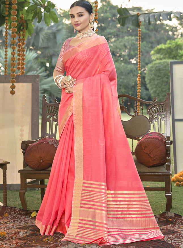Coral Pink Cotton Woven Saree