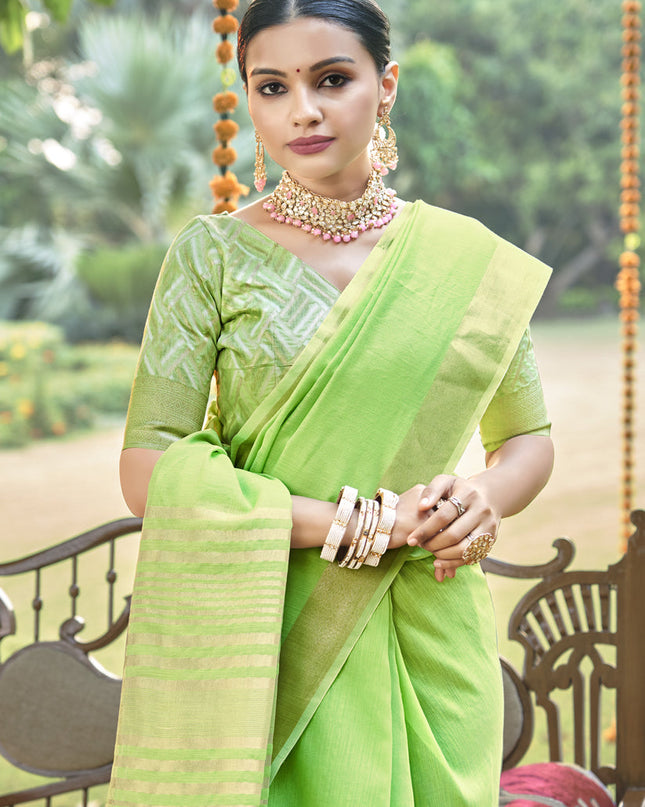 Parrot Green Cotton Woven Saree