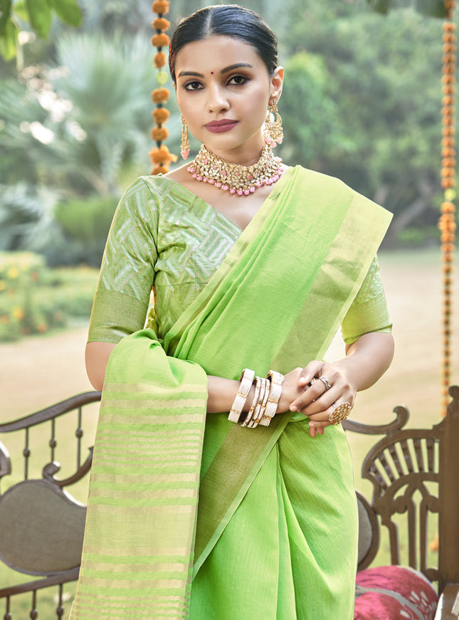Parrot Green Cotton Woven Saree