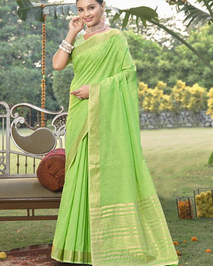 Parrot Green Cotton Woven Saree