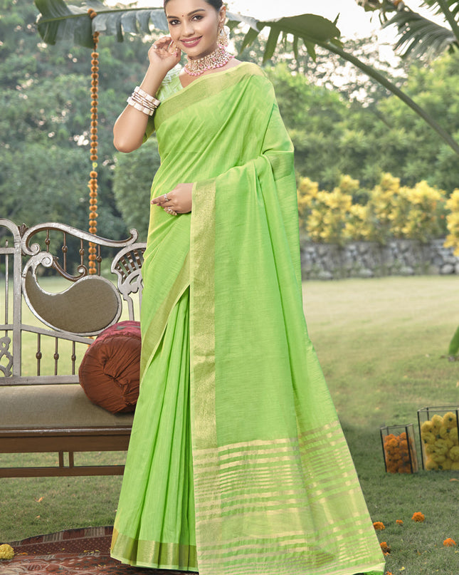 Parrot Green Cotton Woven Saree