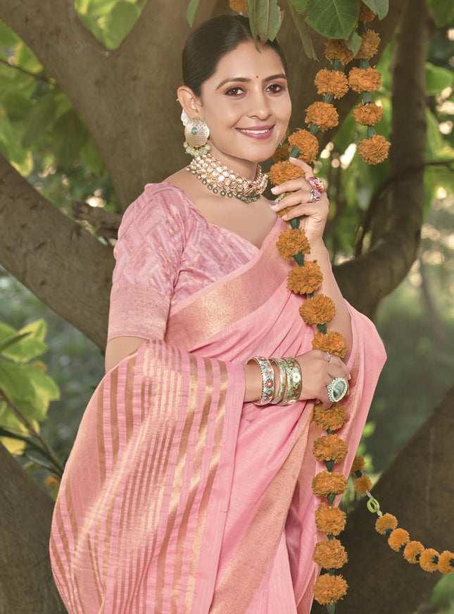 Pink Cotton Woven Saree