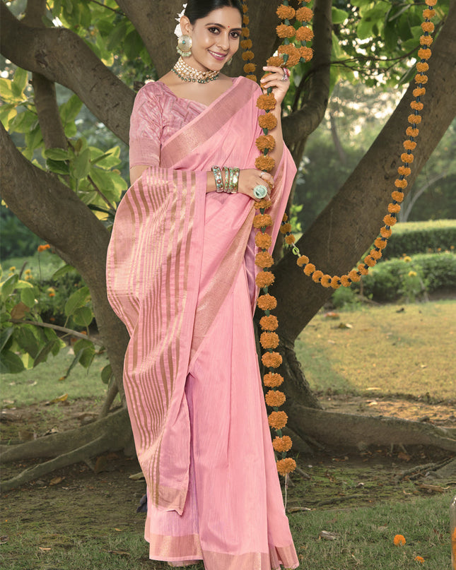 Pink Cotton Woven Saree