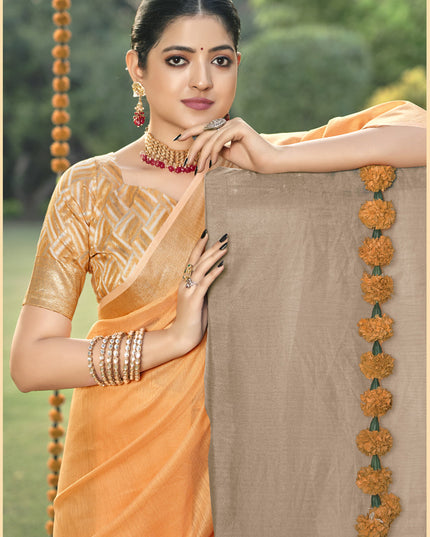 Peach Orange Cotton Woven Saree