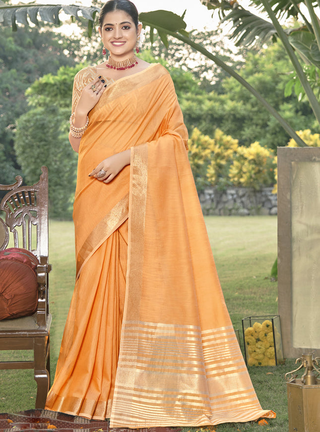 Peach Orange Cotton Woven Saree