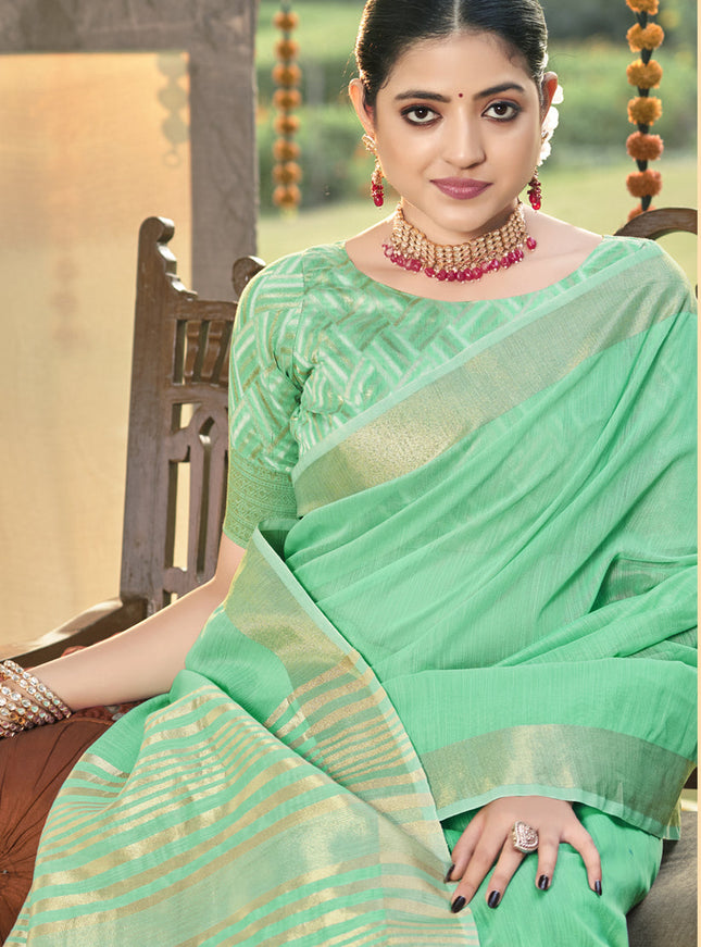Sea Green Cotton Woven Saree