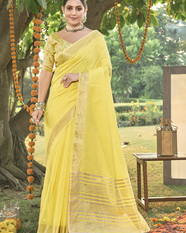 Lemon Yellow Cotton Woven Saree