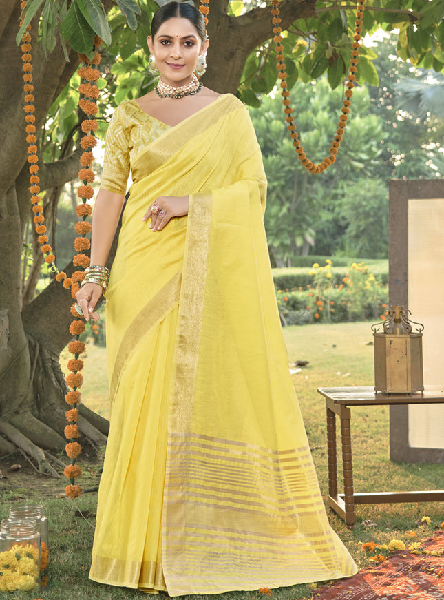 Lemon Yellow Cotton Woven Saree