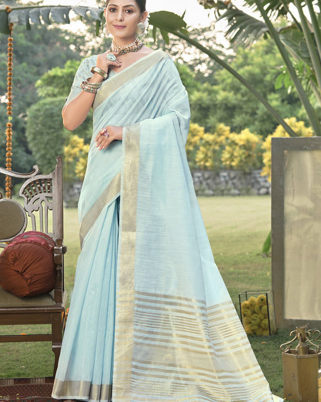 Sky Blue Cotton Woven Saree