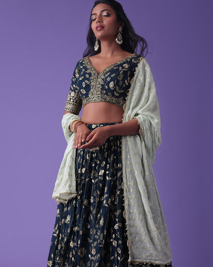 Navy Blue Heavy Designer Georgette Lehenga Choli