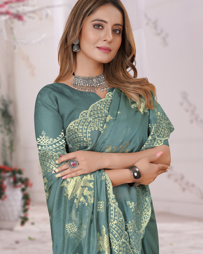 Firozi Organza Soft Silk Embroidered Saree