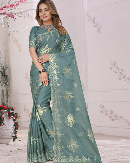 Firozi Organza Soft Silk Embroidered Saree