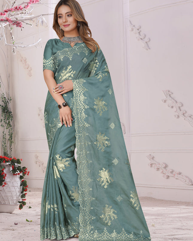 Firozi Organza Soft Silk Embroidered Saree