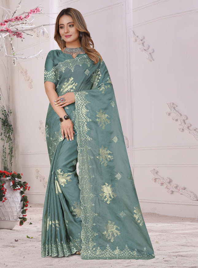 Firozi Organza Soft Silk Embroidered Saree