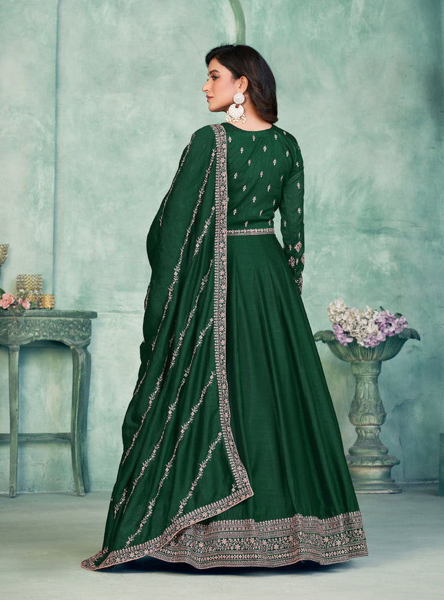 Bottle Green Art Silk Embroidered Anarkali Dress