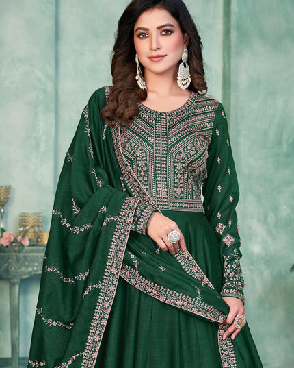 Bottle Green Art Silk Embroidered Anarkali Dress