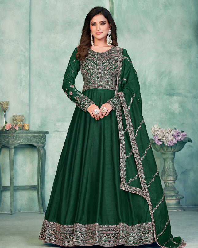 Bottle Green Art Silk Embroidered Anarkali Dress