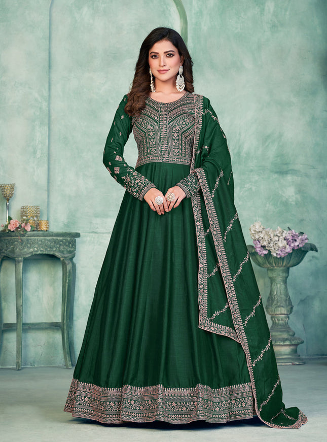 Bottle Green Art Silk Embroidered Anarkali Dress