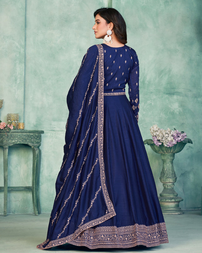 Navy Blue Art Silk Embroidered Anarkali Dress