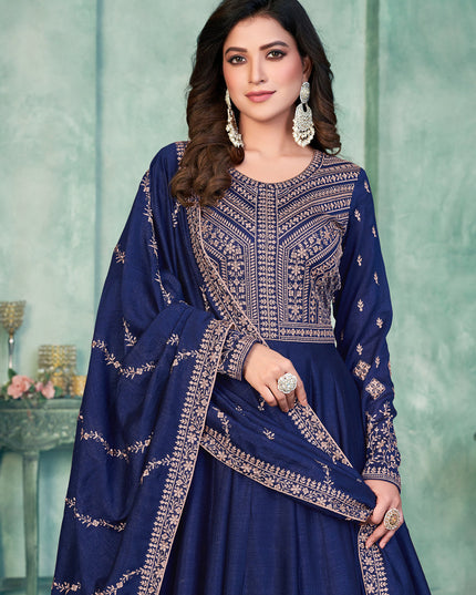 Navy Blue Art Silk Embroidered Anarkali Dress