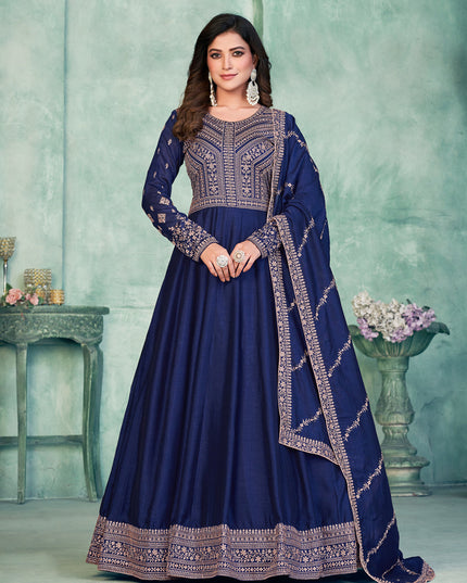 Navy Blue Art Silk Embroidered Anarkali Dress