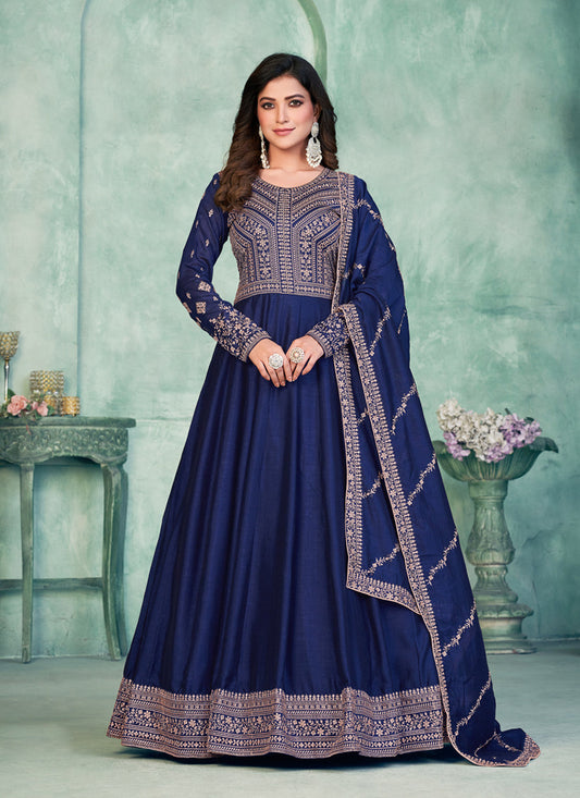 Navy Blue Art Silk Embroidered Anarkali Dress