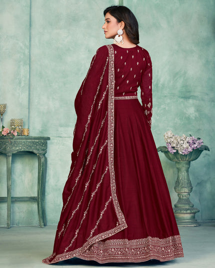 Maroon Art Silk Embroidered Anarkali Dress