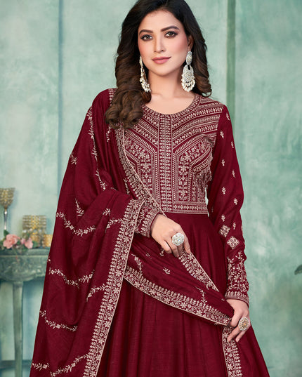 Maroon Art Silk Embroidered Anarkali Dress