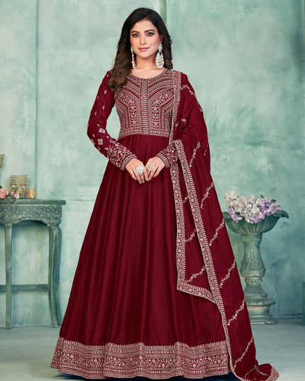 Maroon Art Silk Embroidered Anarkali Dress