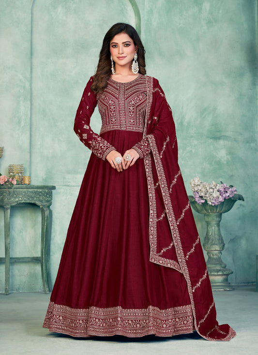 Maroon Art Silk Embroidered Anarkali Dress