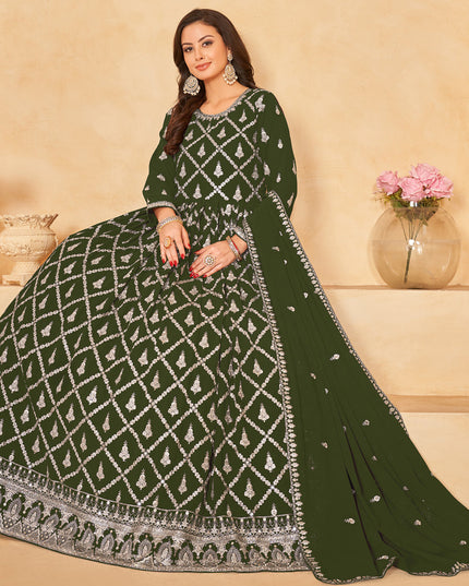 Mehendi Green Designer Embroidered Churidar Kameez Suit