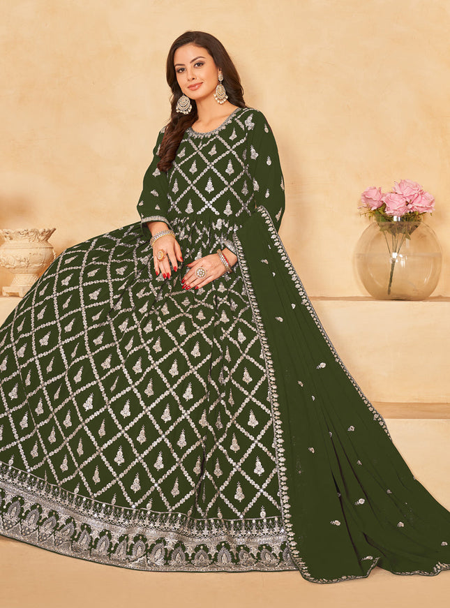 Mehendi Green Designer Embroidered Churidar Kameez Suit