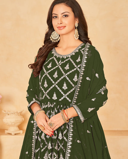 Mehendi Green Designer Embroidered Churidar Kameez Suit