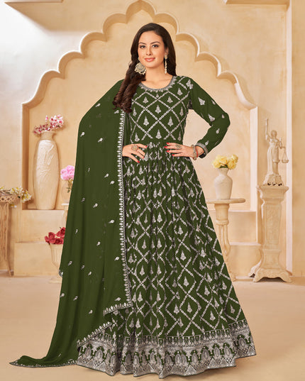Mehendi Green Designer Embroidered Churidar Kameez Suit