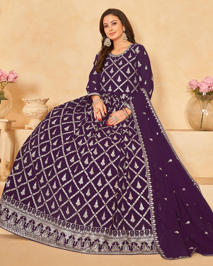 Purple Designer Embroidered Churidar Kameez Suit