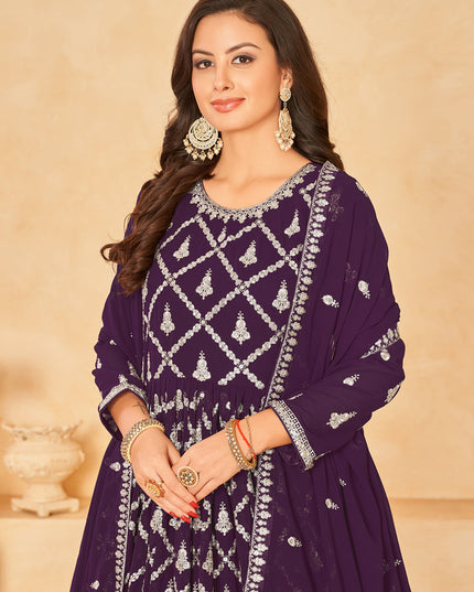 Purple Designer Embroidered Churidar Kameez Suit