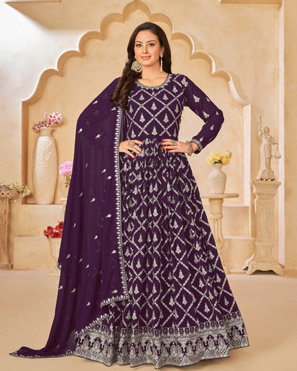Purple Designer Embroidered Churidar Kameez Suit