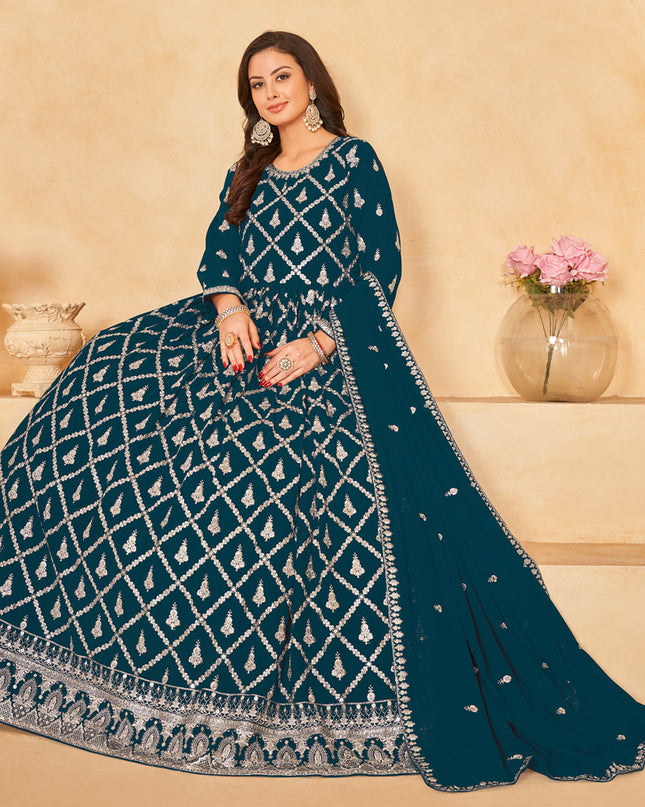 Teal Green Designer Embroidered Churidar Kameez Suit