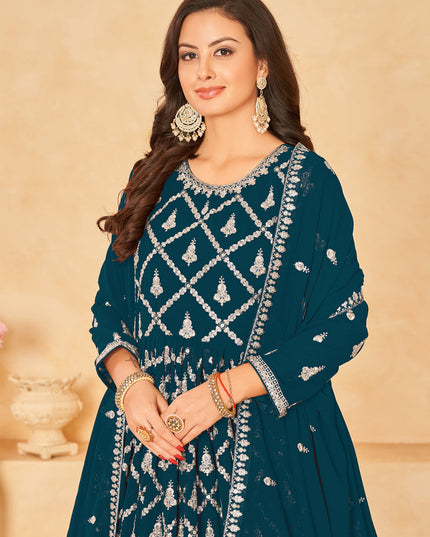 Teal Green Designer Embroidered Churidar Kameez Suit