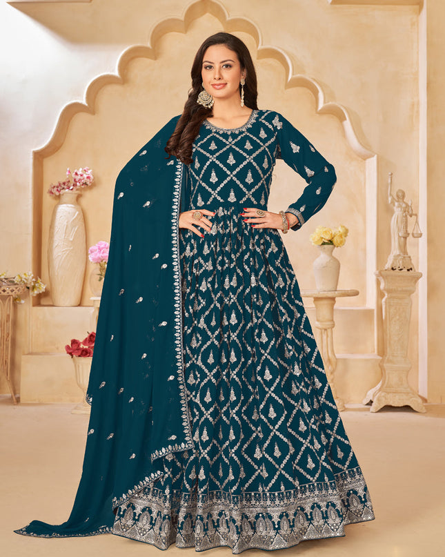 Teal Green Designer Embroidered Churidar Kameez Suit