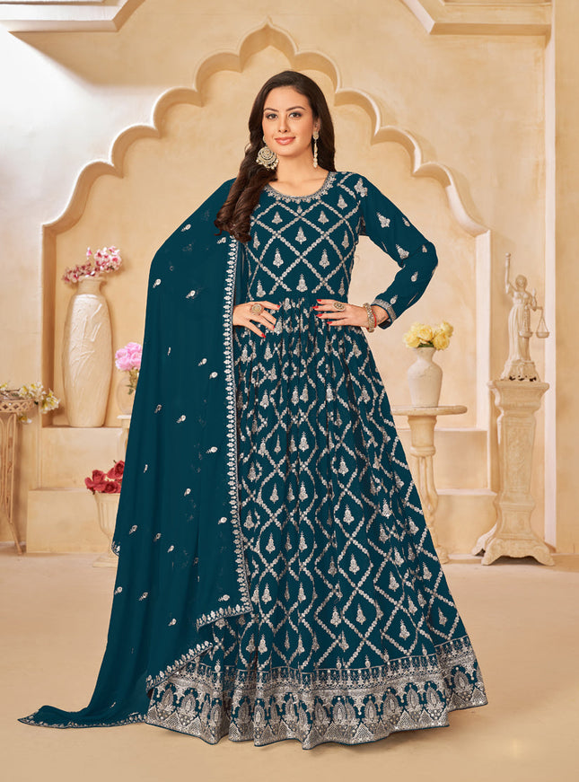 Teal Green Designer Embroidered Churidar Kameez Suit