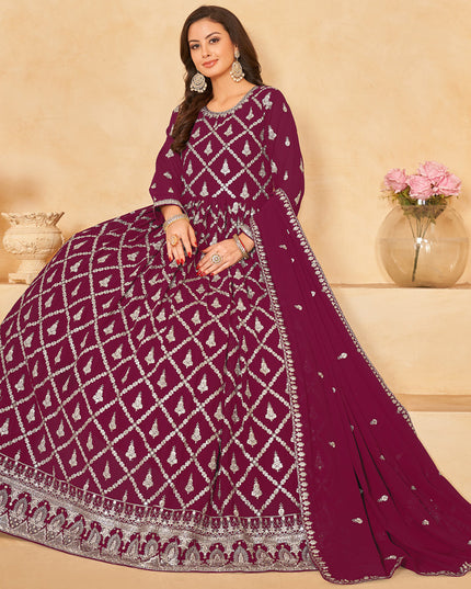 Wine Designer Embroidered Churidar Kameez Suit