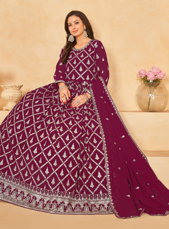 Wine Designer Embroidered Churidar Kameez Suit