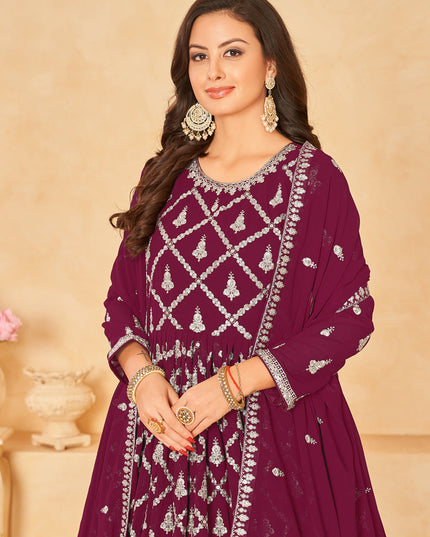 Wine Designer Embroidered Churidar Kameez Suit