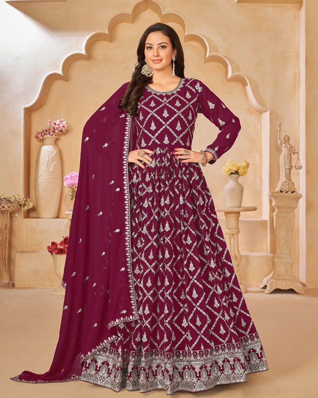 Wine Designer Embroidered Churidar Kameez Suit