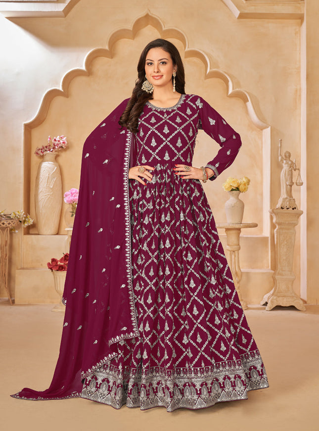 Wine Designer Embroidered Churidar Kameez Suit