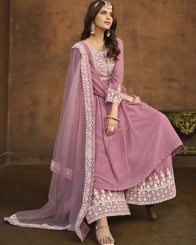 Carnation Pink Faux Georgette Embroidered Palazzo Kameez