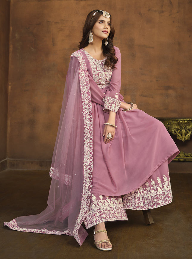 Carnation Pink Faux Georgette Embroidered Palazzo Kameez