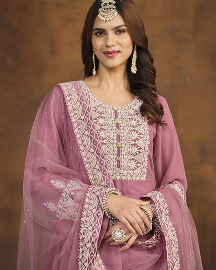 Carnation Pink Faux Georgette Embroidered Palazzo Kameez