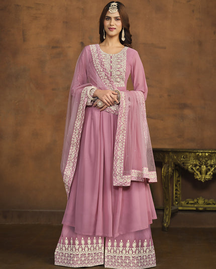 Carnation Pink Faux Georgette Embroidered Palazzo Kameez